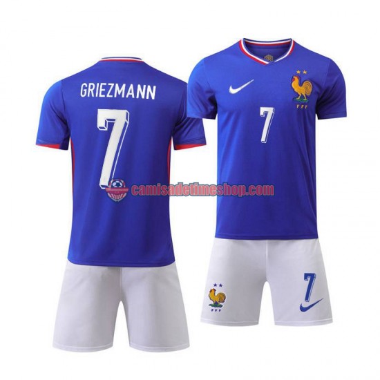 Camisa Infanto-Juvenil França Antoine Griezmann 7 Euro 2024 Jogo 1 Azul manga curta