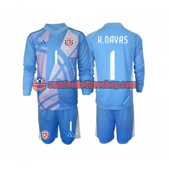 Camisa Infanto-Juvenil Costa Rica Goleiro Keylor Navas 1 2024 Jogo 1 Azul Manga Longa