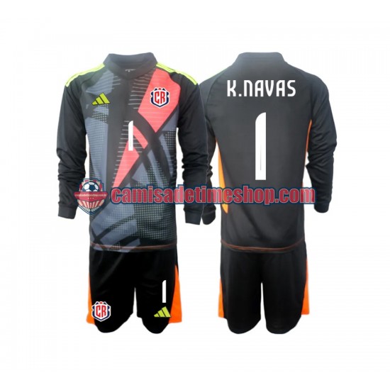 Camisa Infanto-Juvenil Costa Rica Goleiro Keylor Navas 1 2024 Jogo 3 Preto Manga Longa