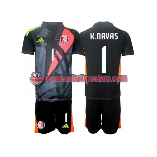 Camisa Infanto-Juvenil Costa Rica Goleiro Keylor Navas 1 2024 Jogo 3 Preto manga curta