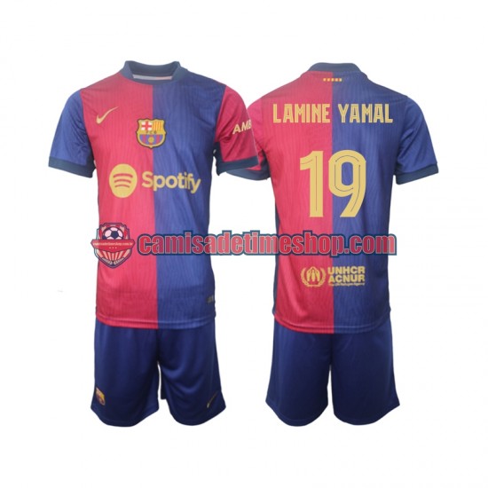 Camisa Infanto-Juvenil FC Barcelona UCL Font Lamine Yamal 19 2024-2025 Jogo 1 manga curta