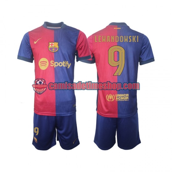 Camisa Infanto-Juvenil FC Barcelona UCL Font Robert Lewandowski 9 2024-2025 Jogo 1 manga curta