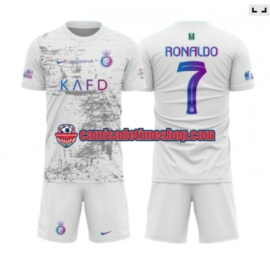 Camisa Infanto-Juvenil Al-Nassr Ronaldo 7 2023-2024 Jogo 3 manga curta