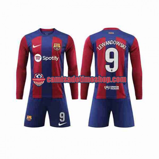 Camisa Infanto-Juvenil FC Barcelona LEWANDOWSKI 9 2023-2024 Jogo 1 Manga Longa