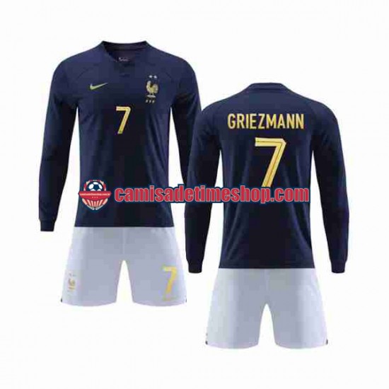 Camisa Infanto-Juvenil França Griezmann 7 World Cup 2022 Jogo 1 Manga Longa