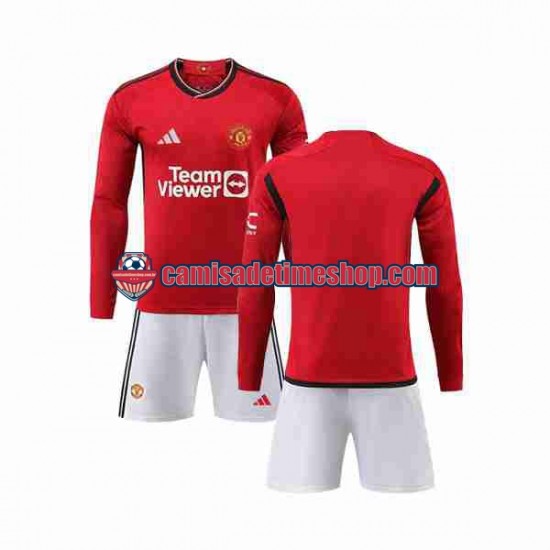 Camisa Infanto-Juvenil Manchester United 2023-2024 Jogo 1 Manga Longa