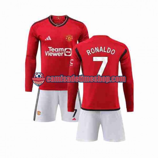 Camisa Infanto-Juvenil Manchester United Ronaldo 7 2023-2024 Jogo 1 Manga Longa