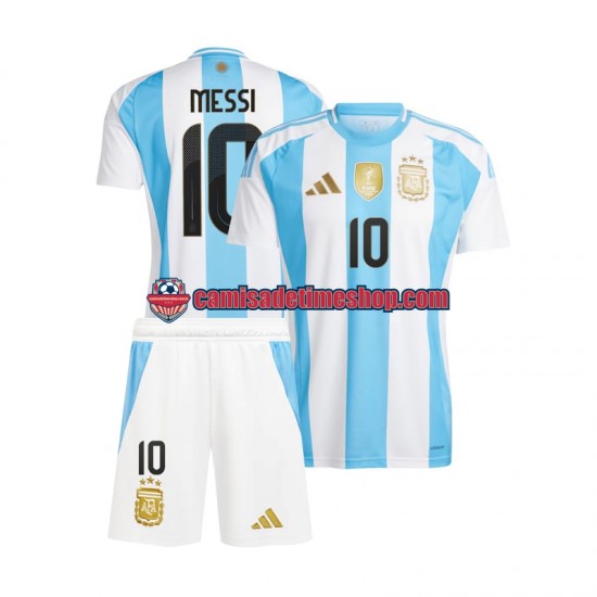 Camisa Infanto-Juvenil Argentina Lionel Messi 10 Copa America 2024 Jogo 1 Azul Branco manga curta