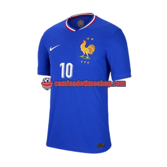 Camisa Masculina França Kylian Mbappe 10 Euro 2024 Jogo 1 Azul manga curta