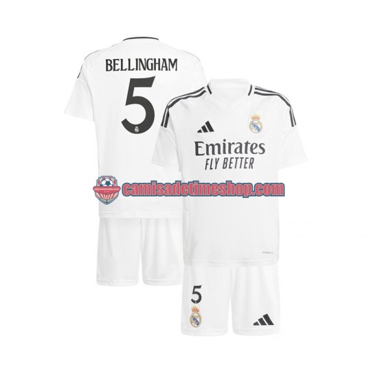 Camisa Infanto-Juvenil Real Madrid Jude Bellingham 5 2024-2025 Jogo 1 Branco manga curta