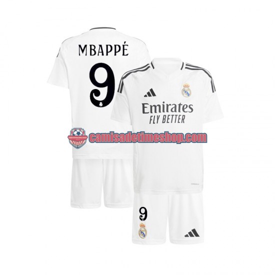 Camisa Infanto-Juvenil Real Madrid Kylian Mbappe 9 2024-2025 Jogo 1 Branco manga curta