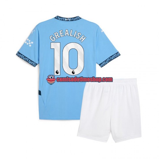 Camisa Infanto-Juvenil Manchester City Jack Grealish 10 2024-2025 Jogo 1 Azul manga curta