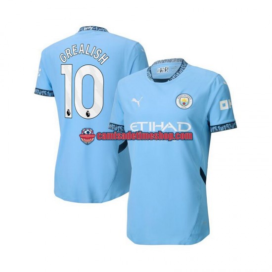 Camisa Masculina Manchester City Jack Grealish 10 2024-2025 Jogo 1 Azul manga curta